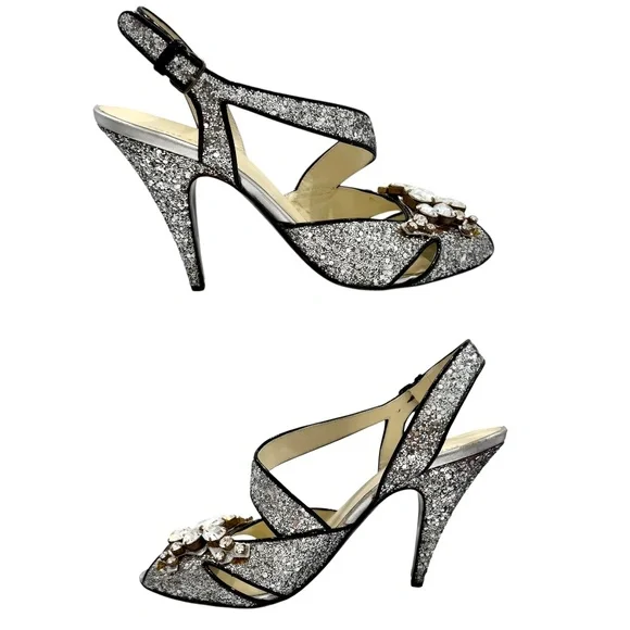 MIU MIU 2006 RUNWAY SILVER GLITTER STILETTO SANDALS w/CRYSTAL EMBELLISHMENTS